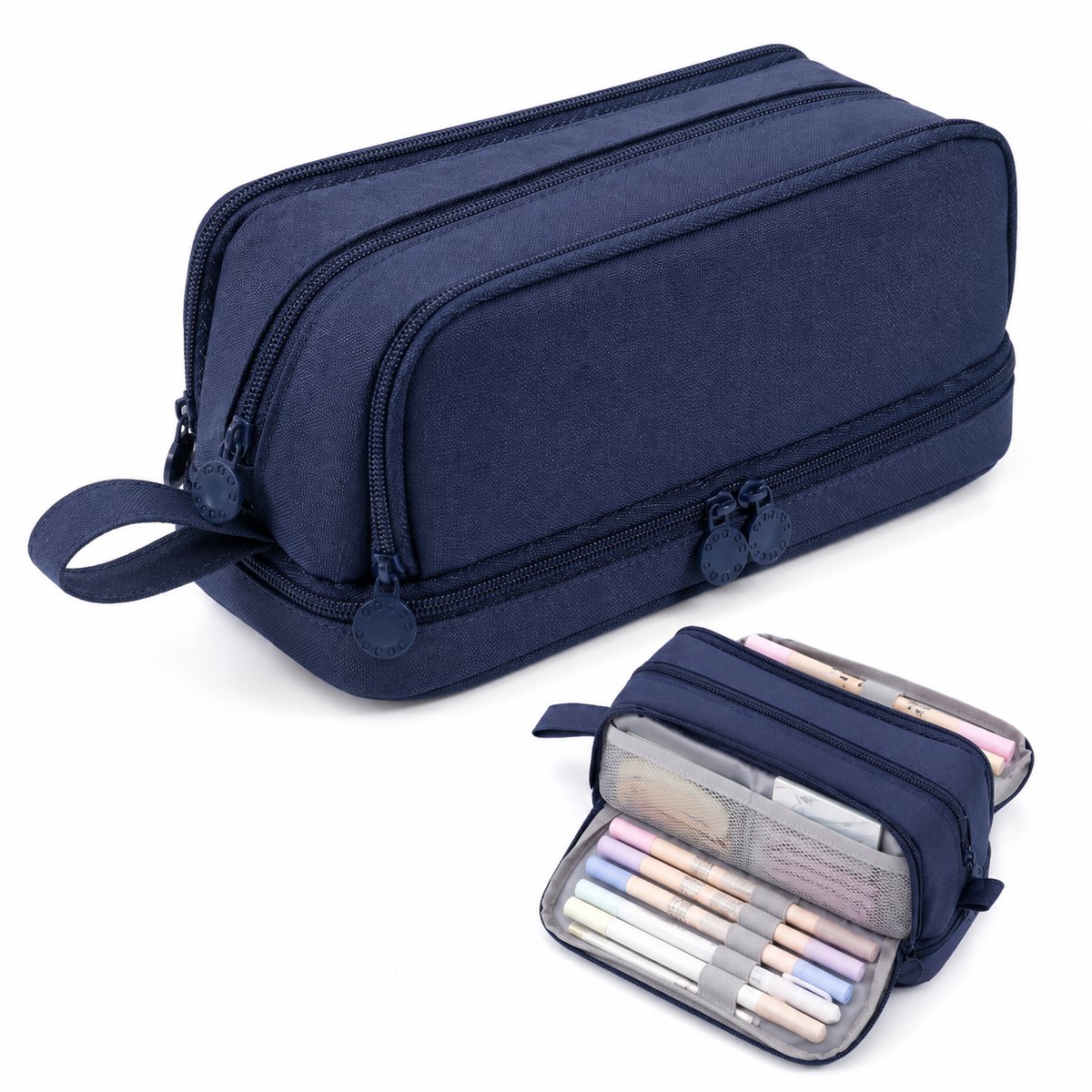 VHV - Etui 4 Vakken - Grote Capaciteit Pennenzak - 21x8x10 cm -Draagbaar Pencil case -Voor School Examen, Kantoor - Blauw