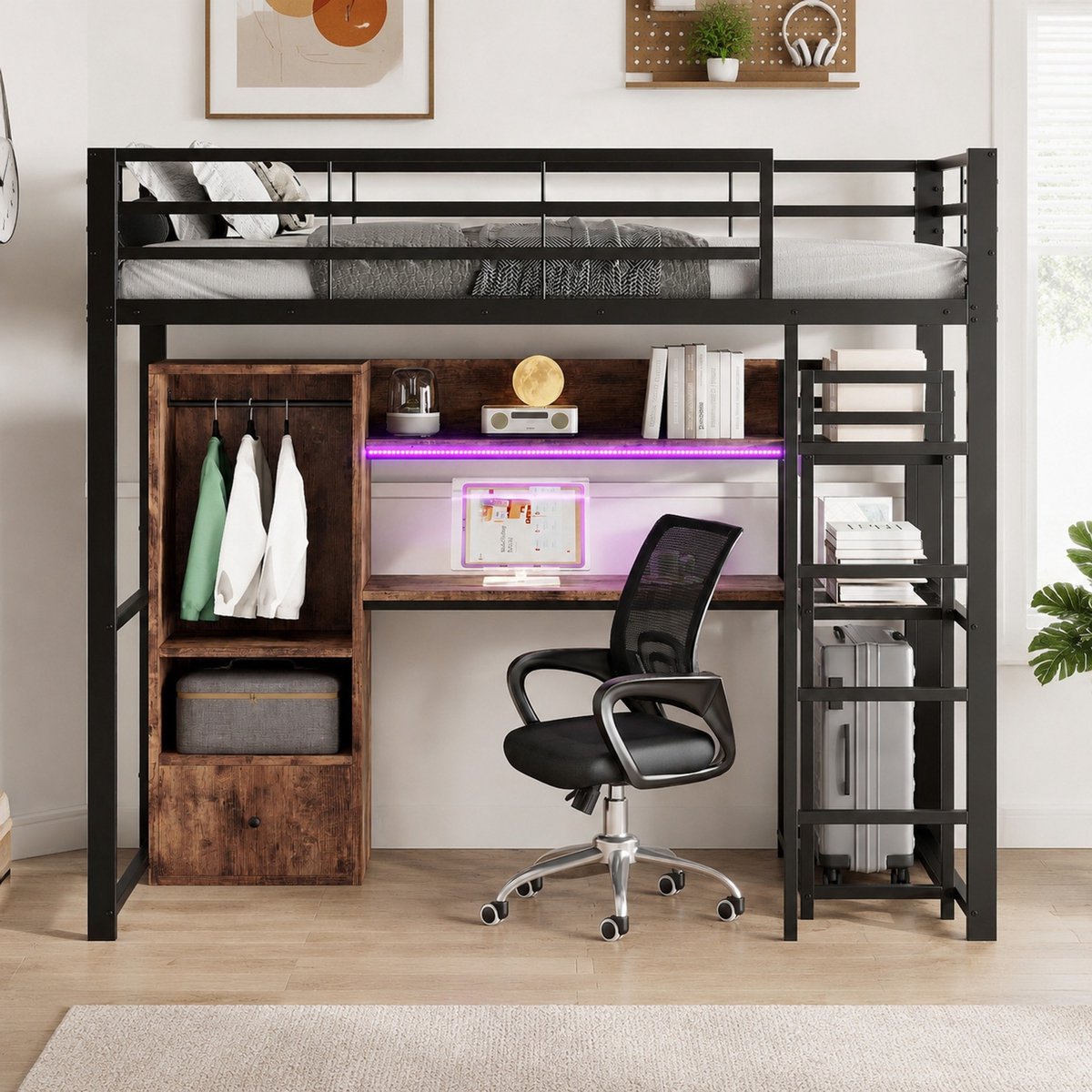 REDOM - Hoogslaper - Met bureau en opbergruimte - LED-verlichting en lade en planken - Trap en uitvalbeveiliging - Metaal en MDF - Zwart - 203 x 94.5 x 174 cm