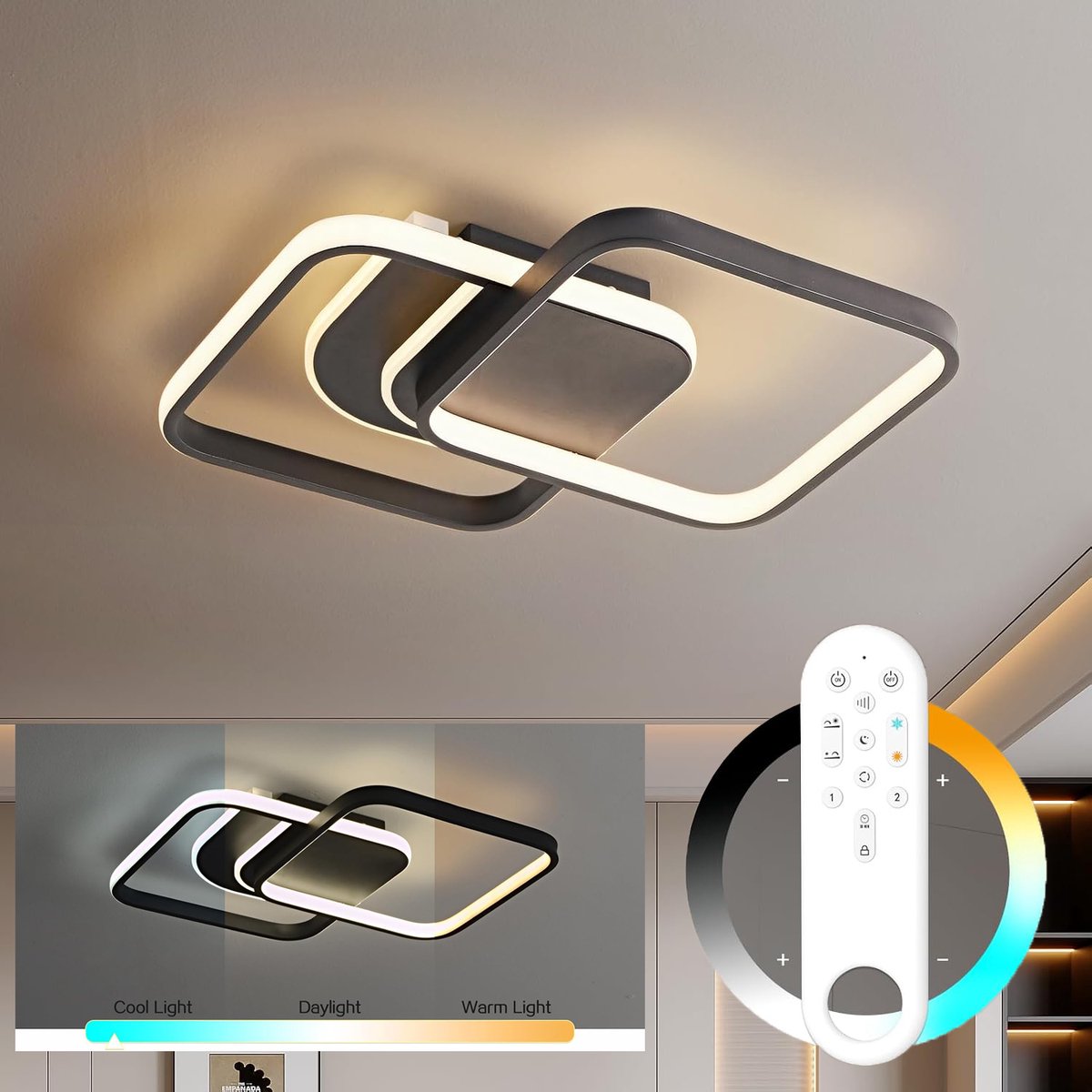 Amdelne LED Plafondlamp - Zwart - 45W - Luxe Plafonniere - Dimbaar 3000K-6500K - Met Afstandsbediening - Slaapkamer Plafondlamp - Voor woonkamer | Eetkamer