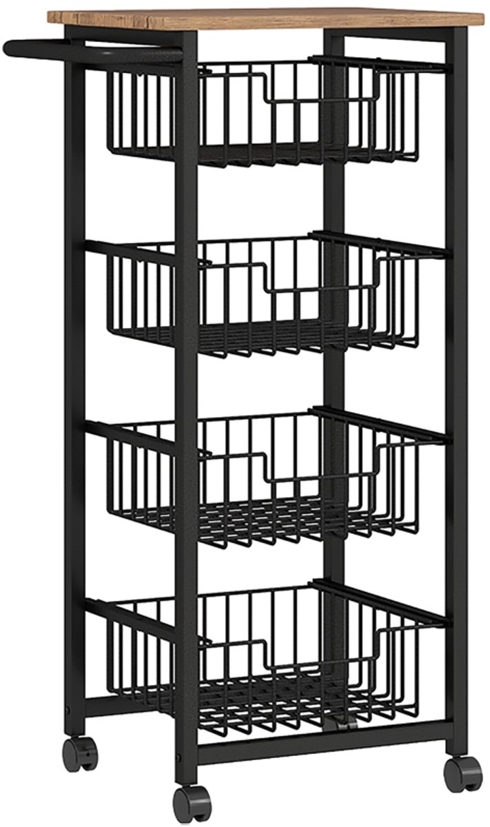 Keukenwagen‑4‑schuifmanden‑stalen frame‑49,5x31x91cm‑eikenkleur