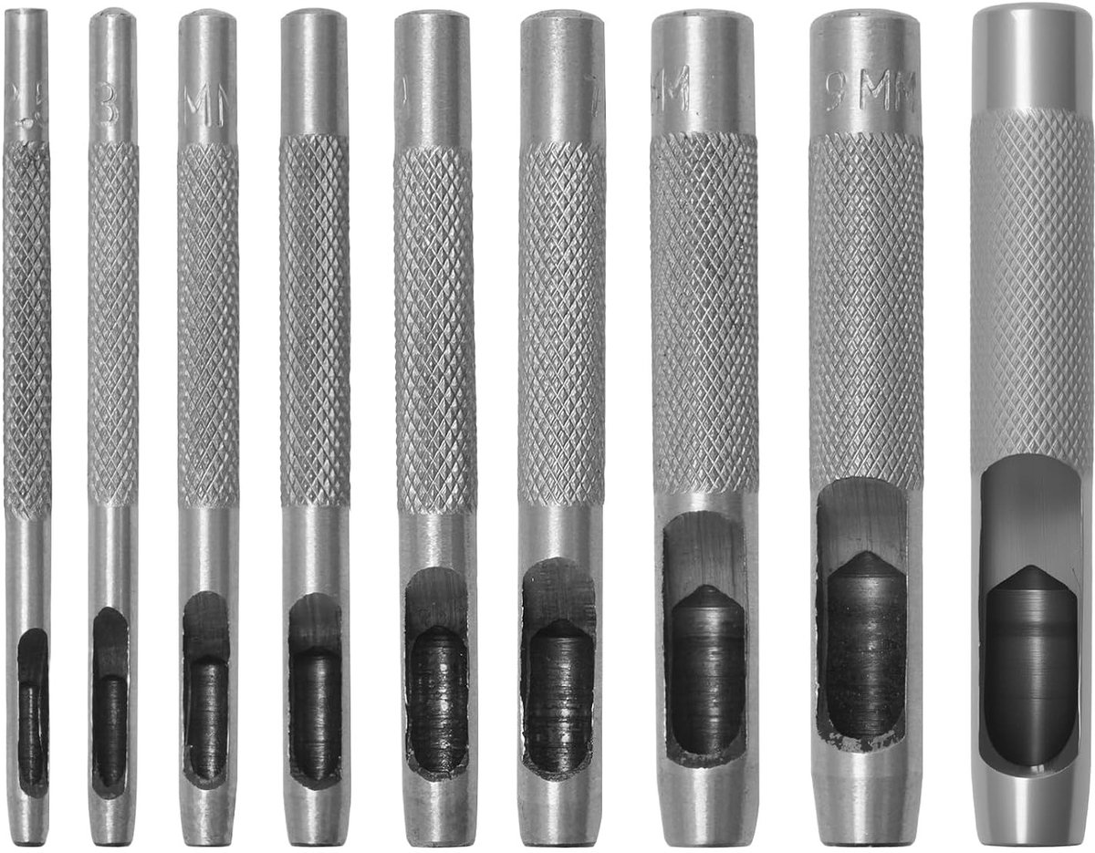 Set van 9 stevige leren perforators voor horlogebanden, riemen, schoenen en ambachtelijke projecten - ideaal voor precisiewerk en veelzijdig gebruik.