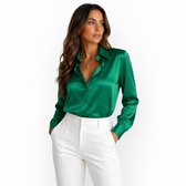 Satijnen Dames Blouse - Overhemd - Groen - Linnen