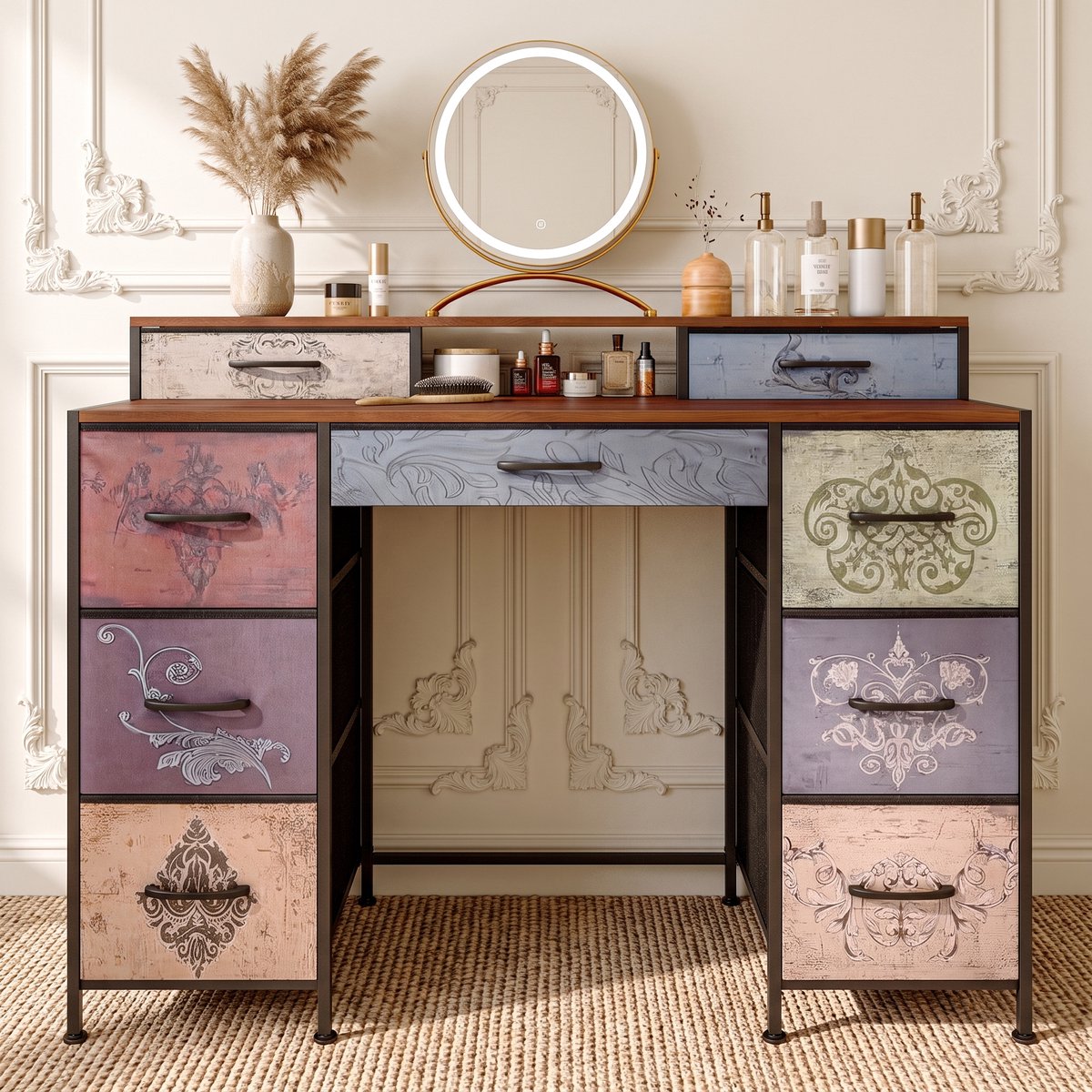 MEXUS Kaptafel Retrostijl, Heeft Stoffen Kast 9 Lades Geen spiegel Hij Geschikt Opbergen Huidverzorgingsproducten, Cosmetica, Make-Upkwasten, Haarelastiekjes Sieraden Kunt Tafel Zitten Veelkleurig