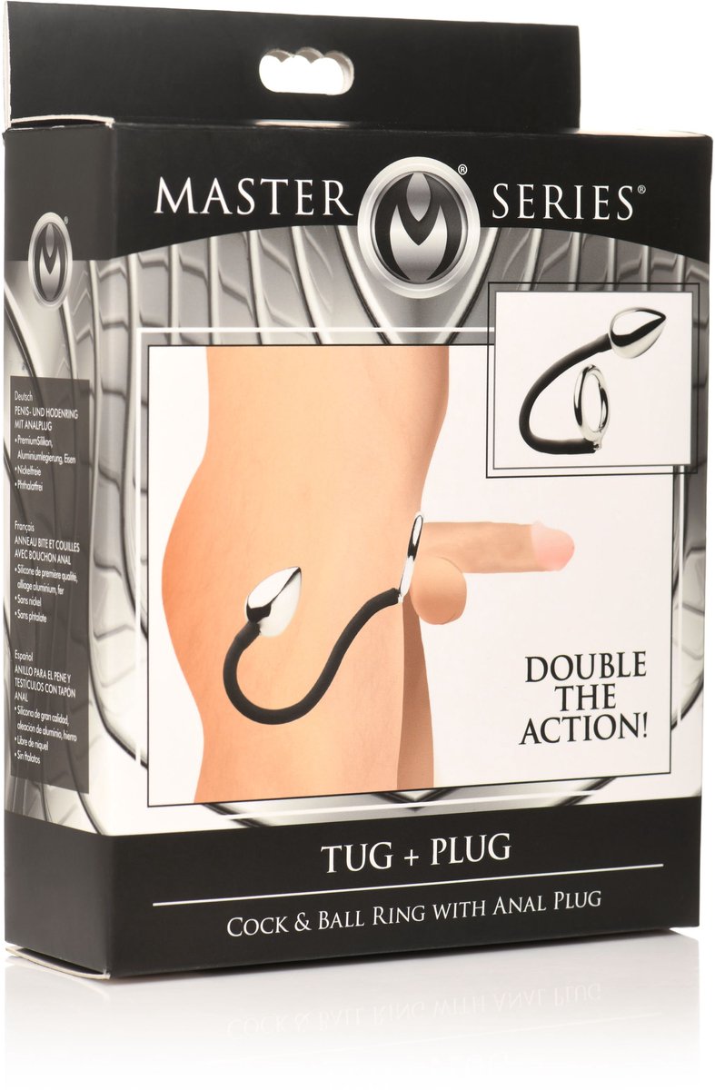 Master Series - Tug + Plug Cock & Ball Ring met Anaalplug - Zwart&Zilver