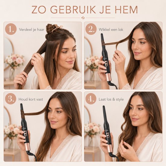 Stapsgewijze instructies voor het krullen van haar met een zwarte krultang met rosé gouden details.