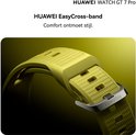 Close-up van de gele Huawei EasyCross-band met zilverkleurige gesp.