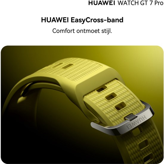 Close-up van de gele Huawei EasyCross-band met zilverkleurige gesp.