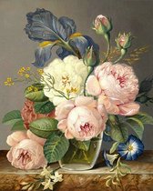Een vaas met roze en witte pioenrozen, blauwe irissen en kleine bloemen. Afmetingen 40x50cm.