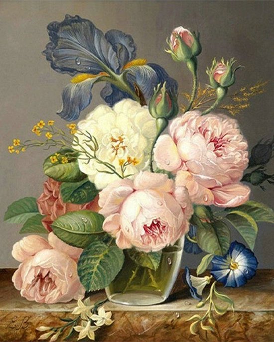Een vaas met roze en witte pioenrozen, blauwe irissen en kleine bloemen. Afmetingen 40x50cm.