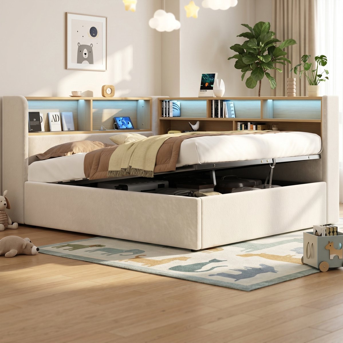 STILVORA Slaapbank 140x200cm Met Hydraulische Opbergruimte En LED Verlichting Met Matras Beige