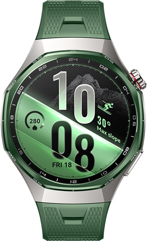 Huawei Watch GT 7 Pro met zilverkleurige kast en groen bandje, wijzerplaat toont skiprofiel.