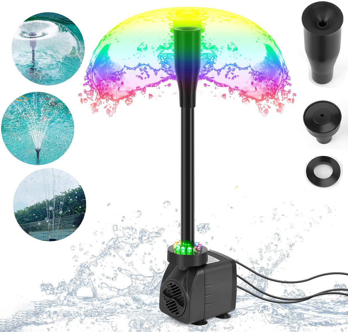 Namajunas - Vijverpompen Voor Onder Water - Met 12 LED - RGB - 15W Vijverpompen Met 3 Spuitmonden - Verstelbare Doorstroom - Geluiddempend Ontwerp - Droogloopbeveiliging - Hoge opvoerhoogte - Vijverpomp - Vijverpomp voor in Vijver, Aquarium