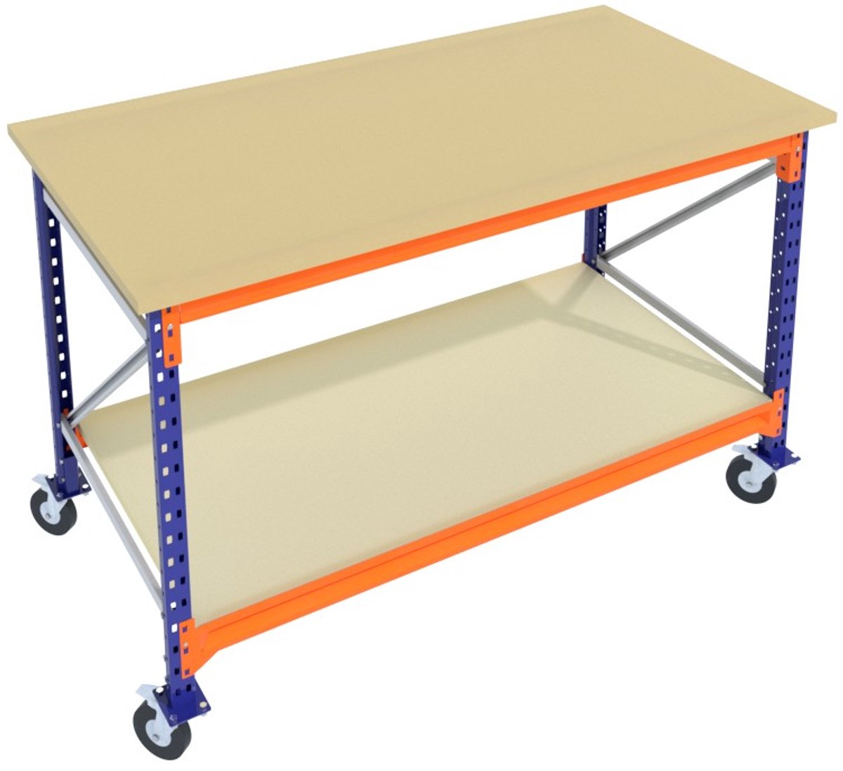 Verrijdbare Werkbank & Inpaktafel mobiel Blauw 150cmx85cm - 2 niveaus (multiplex, zwarte wielen)