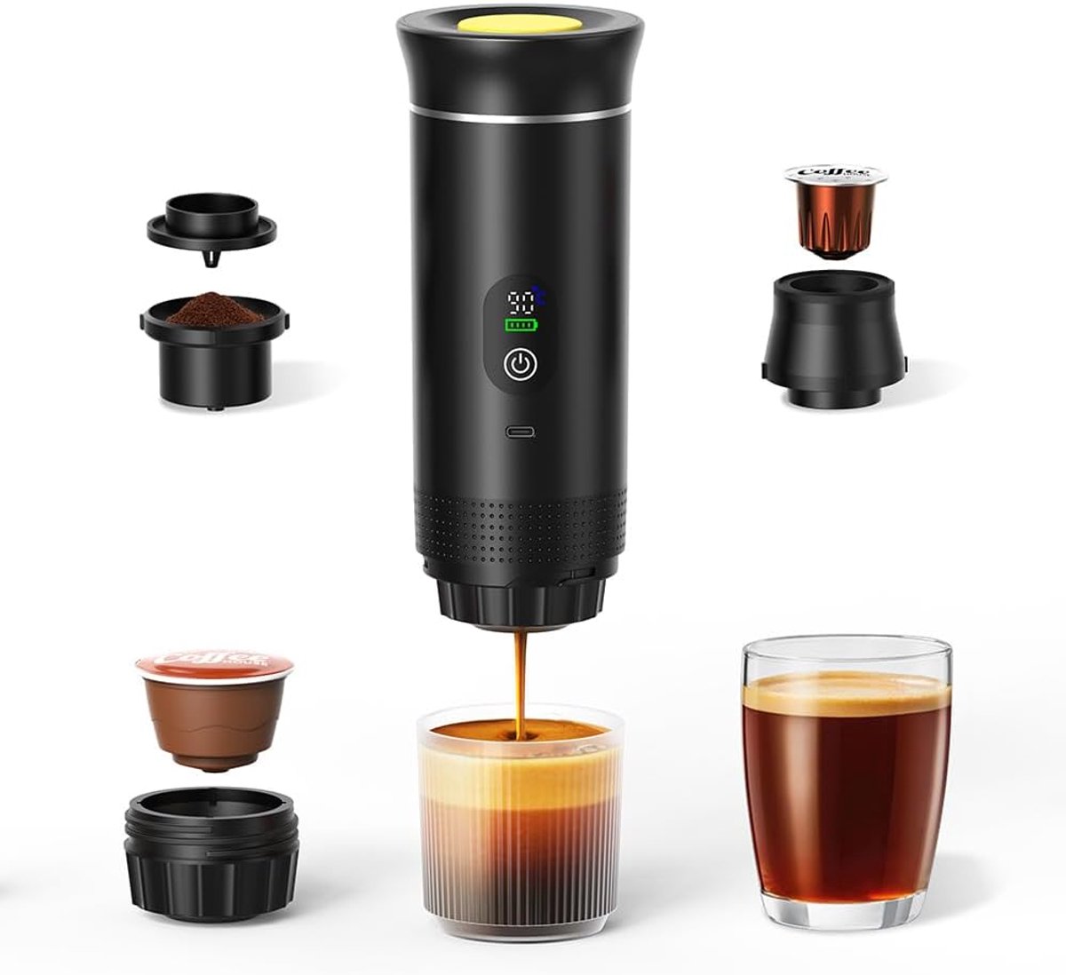 KZQ Draagbare 3-In-1 Koffiemachine 20 Bar Met Usb-C, Led Display, Geschikt Voor Koffiepoeder En Capsules – Voor Auto, Camper, Kantoor En Reizen