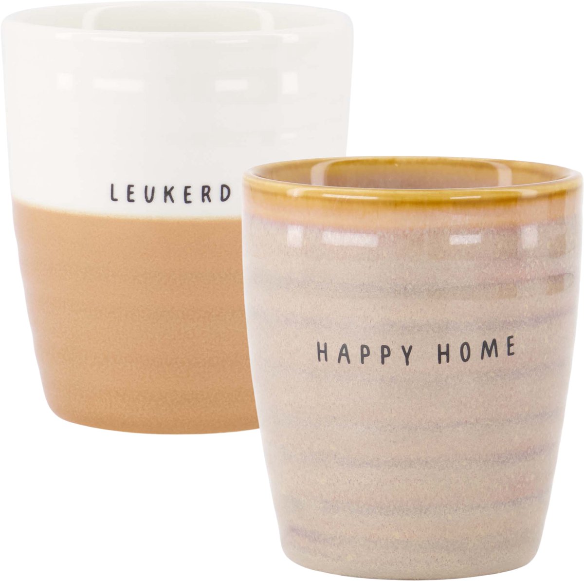 Zusss Set Van 2 Koffiemokken Happy Home & Leukerd - Keramieken Mokken - Crème/Wit/Camel - 225Ml Keramiek Crème / Wit / Camel