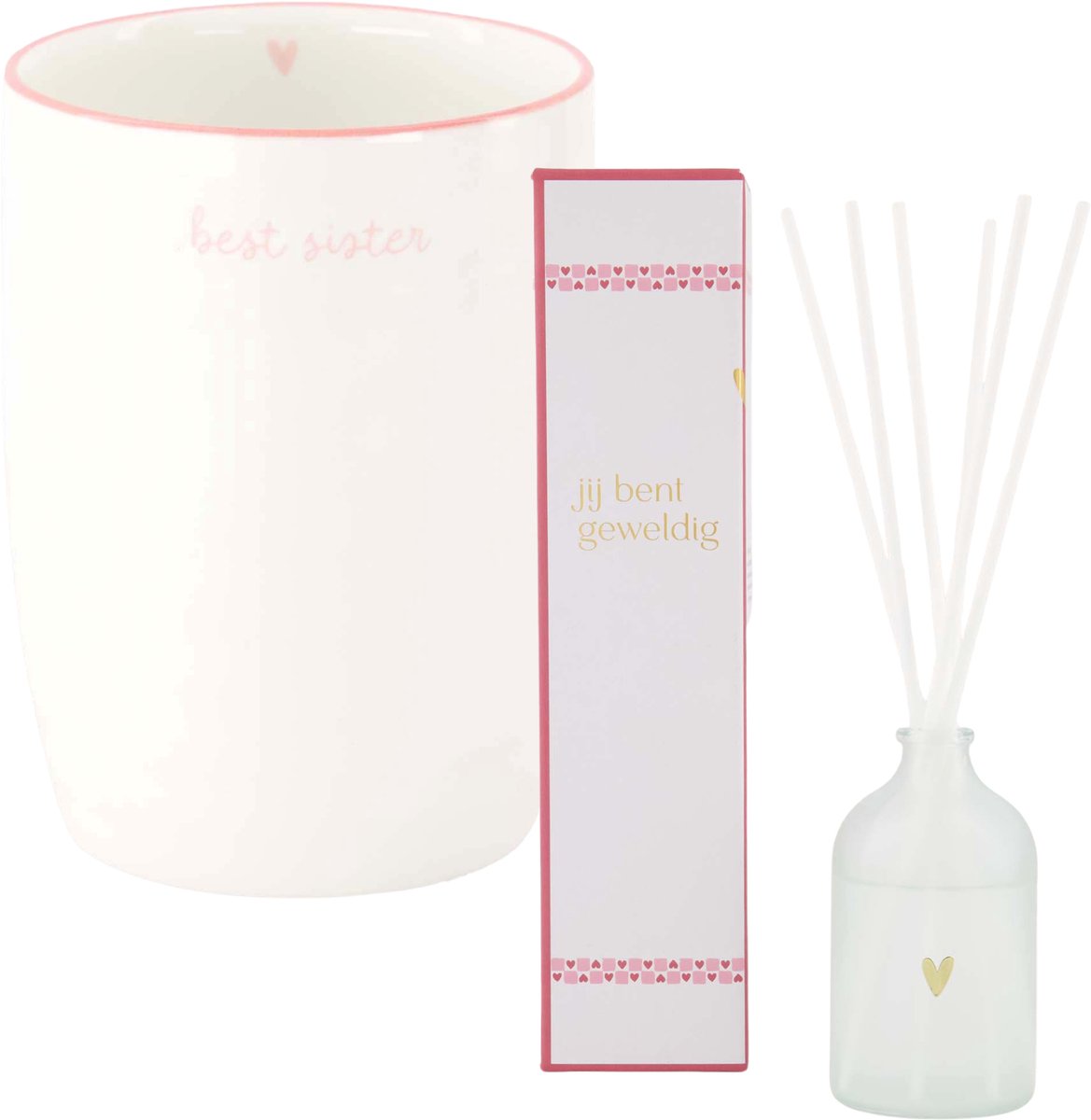 Zusss Set Best Sister - Koffiemok En Geurstokjes Jij Bent Geweldig - Wit/Lichtroze Keramiek Wit / Roze