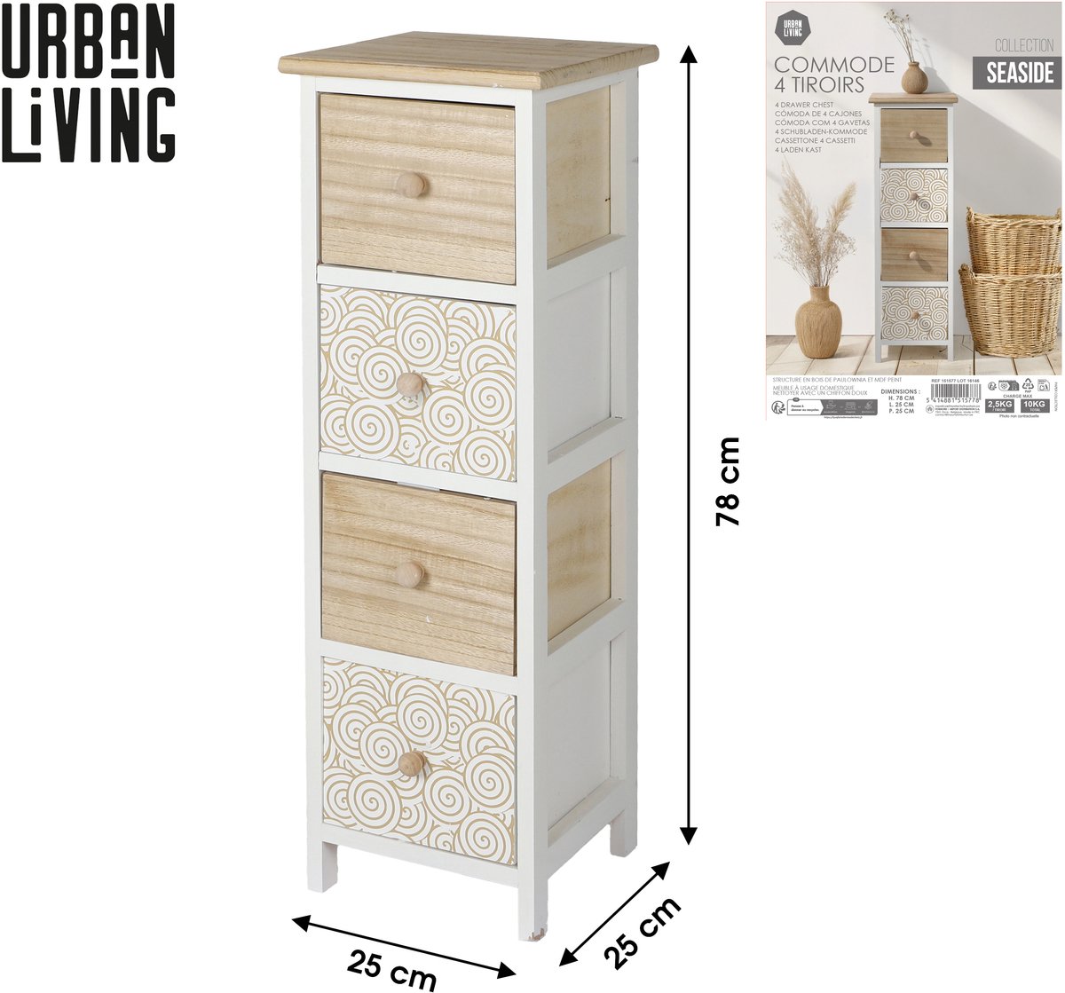 Urban Living "SEASIDE" LADekast met 4 laden – 25 x 25 x H78 cm wit