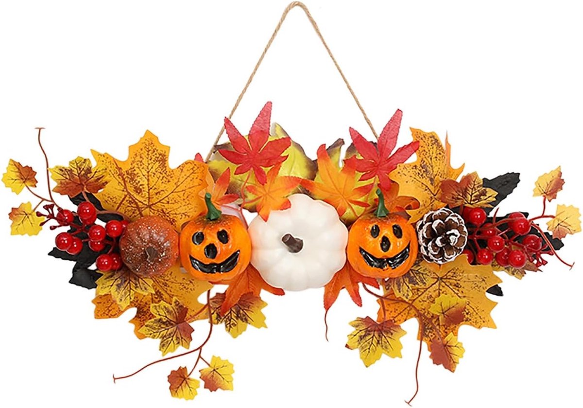 Herfstkrans met pompoenen en esdoornbladeren - inclusief ophangtouw - Geschikt voor voordeuren - Perfect voor Halloween en andere feestdagen