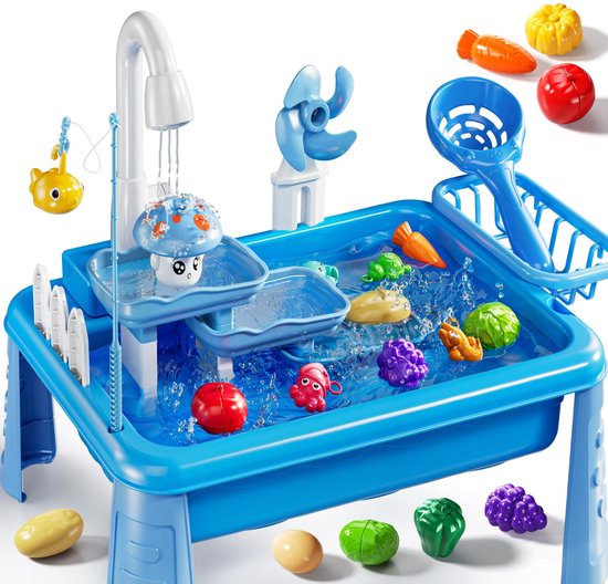 Blauwe watertafel met diverse speelgoedgroenten, fruit, vissen en een werkende kraan.