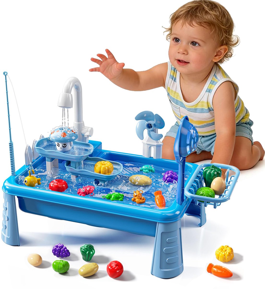 Watertafel speelgoed voor kinderen van 2, 3, 4, 5 en 6 jaar oud - Buitenkeuken met stromend water, visspelletjes, watertafel voor peuters, strandspeelgoed voor buiten, zomercadeaus (blauw)
