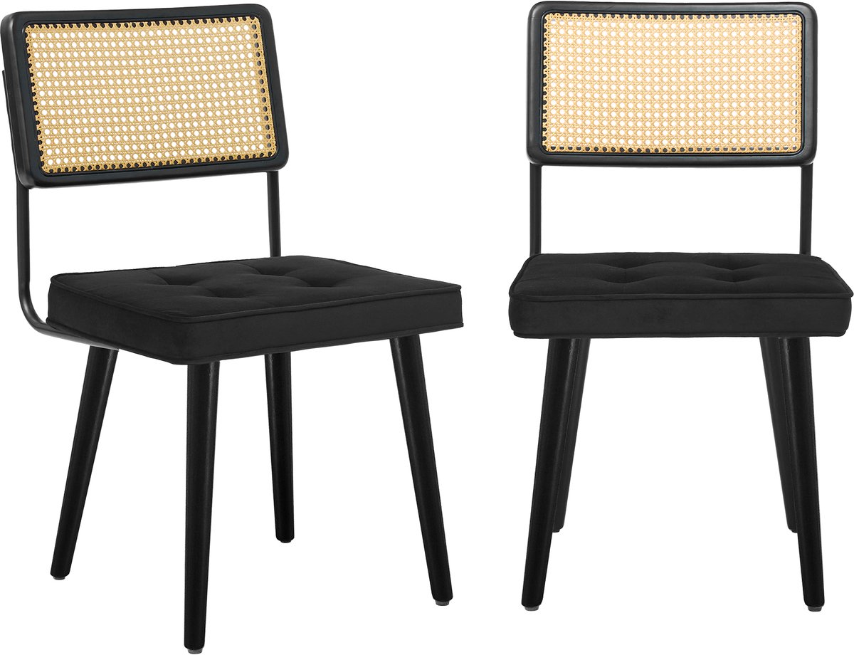 Triumpunpre - Set van 2 Eetkamerstoelen - Mid‑Century Rotan Stoelen - Gestoffeerde Zitting - Massief Houten Poten voor Eetkamer en Woonkamer - Fluweel | Zwart
