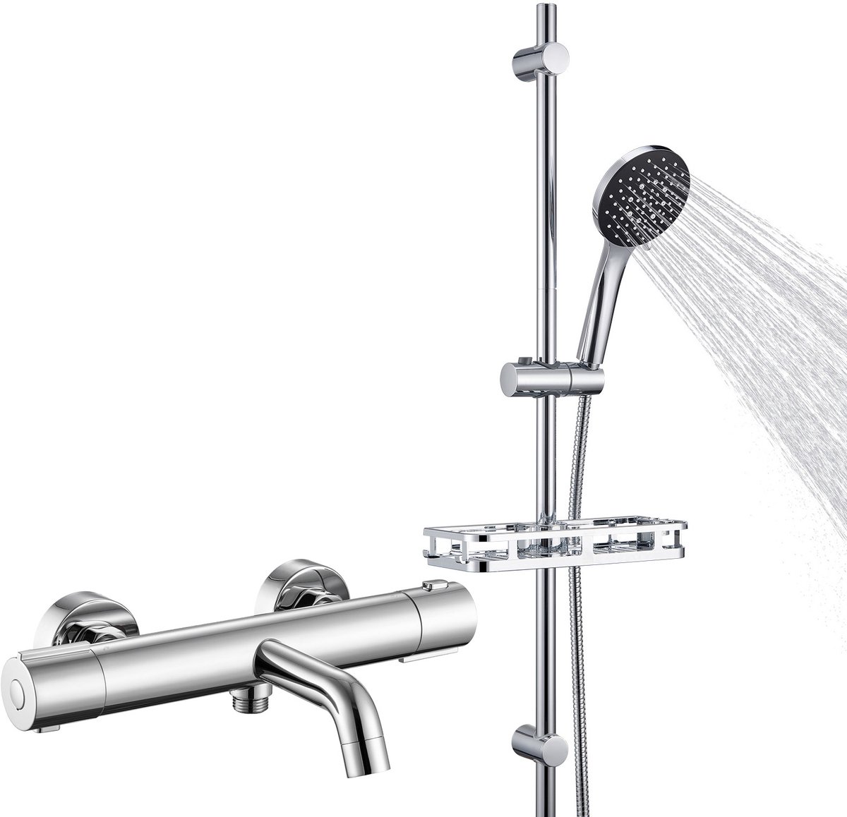 Auralum max Thermostatische Badkraan - 15 cm - 90 cm Glijstang Doucheset - Met Plankje - 6 Standen Douchekop - Hoge Druk - Anti-Kalk - RVS Glijstangset - Met CoolTouch technologie - Chroom&Zwart