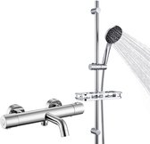 Auralum max Thermostatische Badkraan - 15 cm - 90 cm Glijstang Doucheset - Met Plankje - 6 Standen Douchekop - Hoge Druk - Anti-Kalk - RVS Glijstangset - Met CoolTouch technologie - Chroom&Zwart