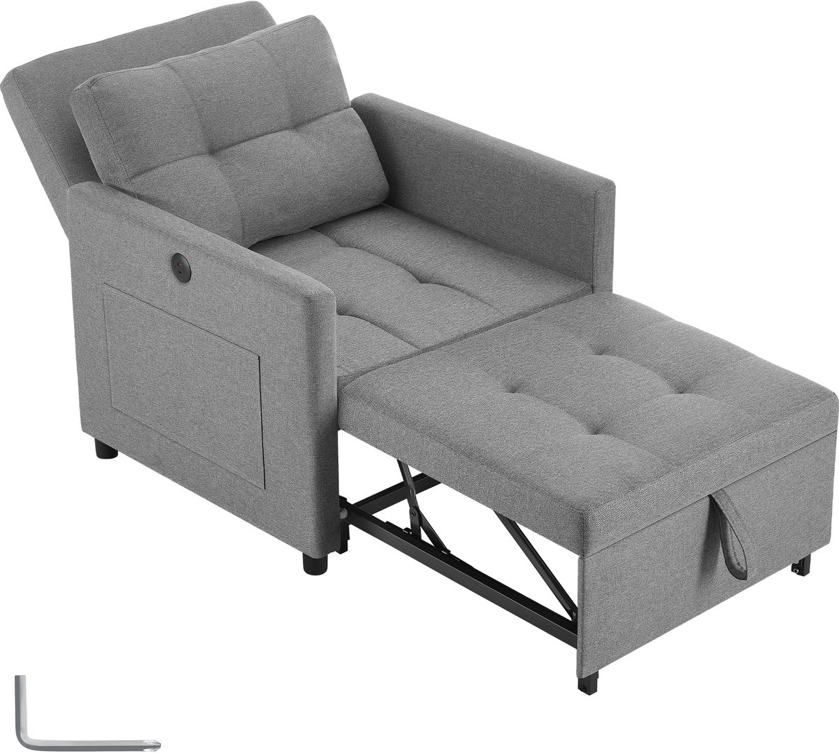 tectake® Slaapstoel 3-in-1 – Fauteuil, Ligstoel en Logeerbed in Eén – 6-Voudig Verstelbare Rugleuning – Relaxstoel met USB-A/USB-C, Zijvakken en Rugkussen – Draagvermogen 150 kg – Lichtgrijs
