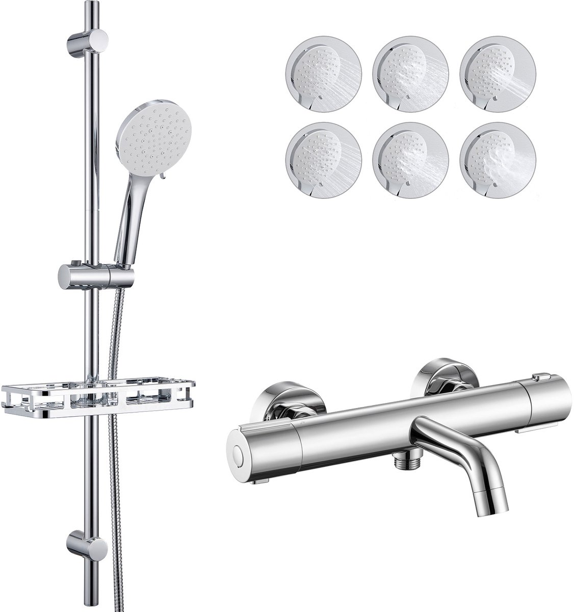 Auralum max Thermostatische Badkraan - 15 cm Hartafstand - 2 Functies Doucheset - Verstelbare Glijstang 90 cm - Met Plankje - 6 Standen Handdouche - Incl 38°c Veiligheidsslot - Waterbesparend - Chroom&Wit