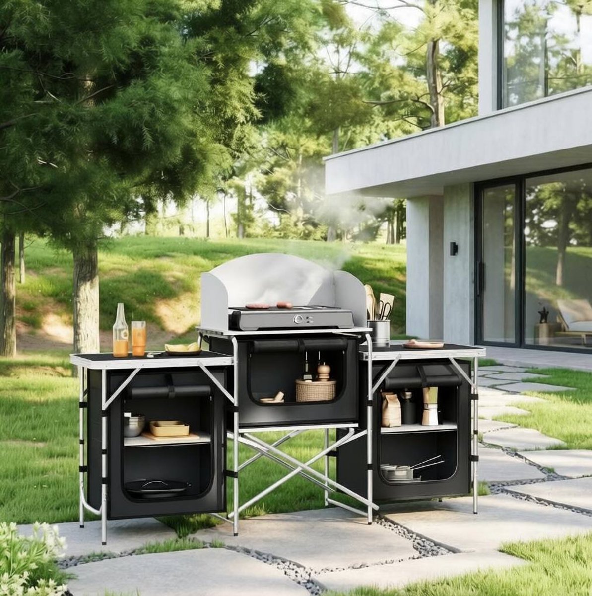 Campingtafel Opvouwbare Outdoor Keukenstation 175 x 40 x 110 cm Aluminium MDF Zwart Voor Kamperen En Barbecue Met Opbergruimte