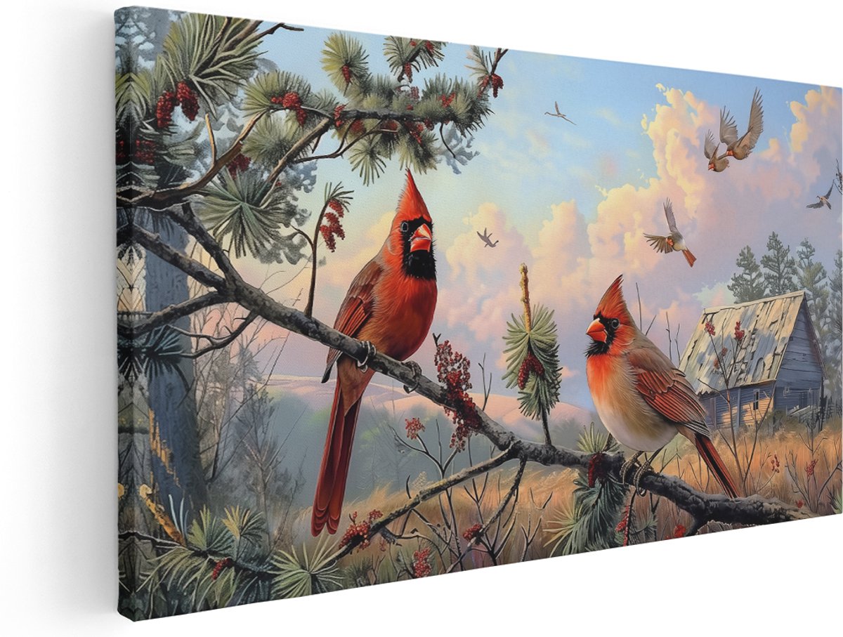 Artaza Canvas Schilderij Twee Kardinalen op een Tak - Dieren - 180x90 cm - Groot - Klein - Wanddecoratie Woonkamer - Schilderijen - Muurdecoratie