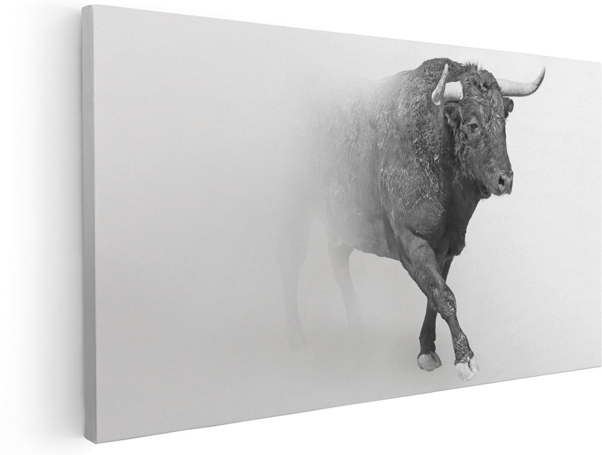 Artaza Canvas Schilderij Stier Op Een Grijze Achtergrond - Zwart Wit - 180x90 cm - Groot - Wanddecoratie Woonkamer - Schilderijen - Muurdecoratie