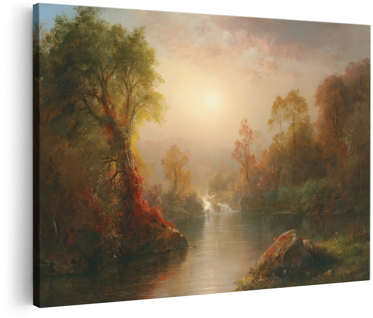 Artaza Canvas Schilderij Herfstlandschap - 180x120 cm - Groot - Wanddecoratie Natuur - Muurdecoratie Zonsondergang Rivier - Decoratie Bos Woonkamer