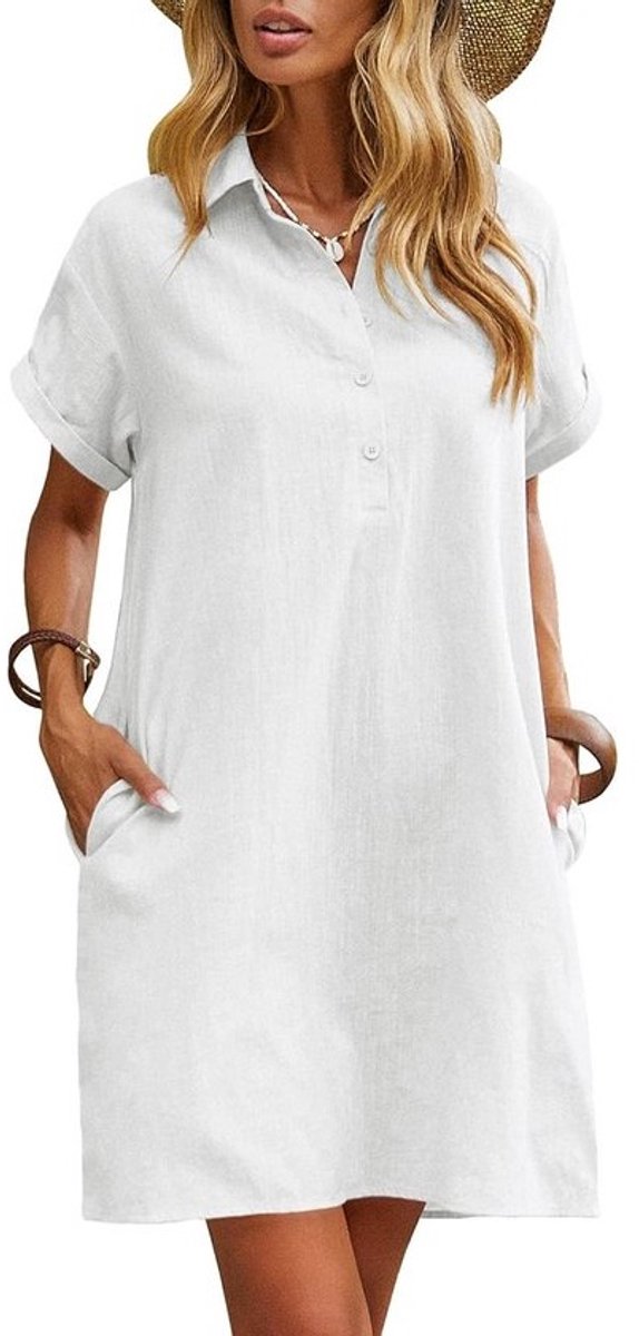 Dames Linnen Jurk Kniehoogte Zomerjurk Casual met Zakken