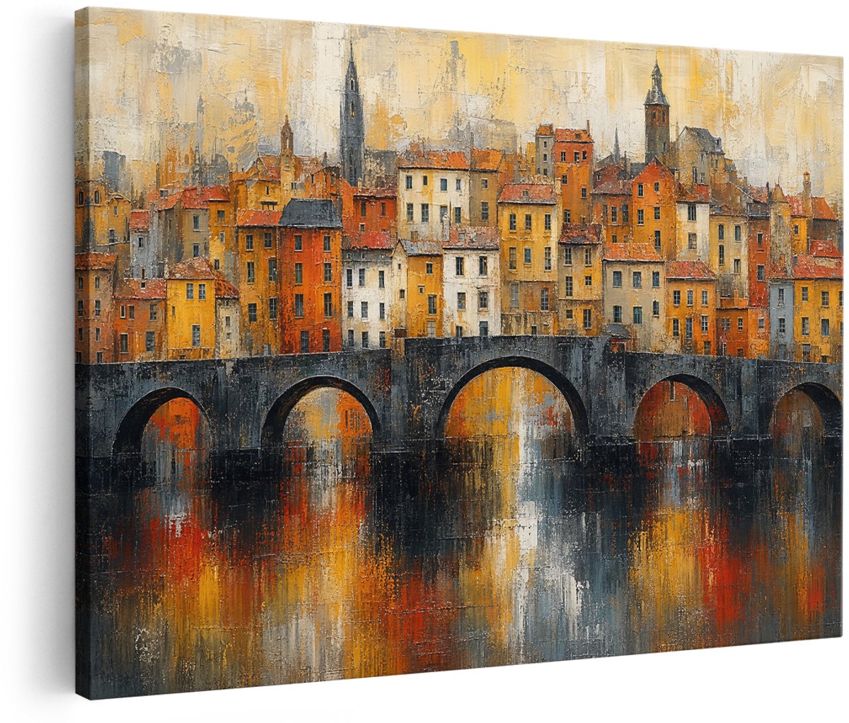 Artaza Canvas Schilderij Abstracte Gracht Met Huizen - Stedelijk Kunstwerk - 180x120 cm - Groot - Wanddecoratie Woonkamer - Schilderijen - Muurdecoratie