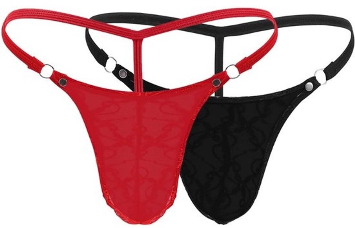 Sleek Heren String met Kant en Elastische Tailleband - Zwart en Rood