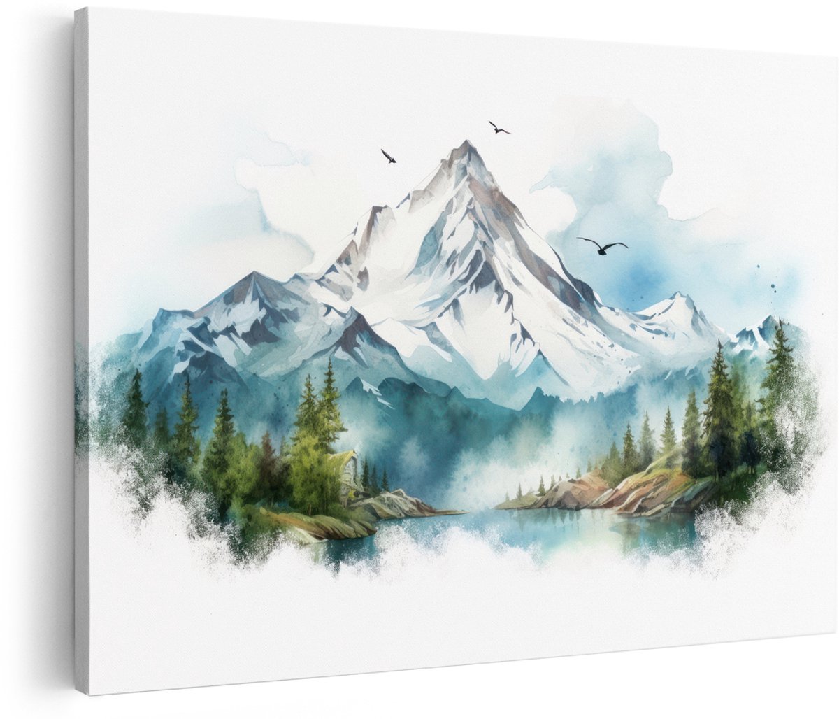 Artaza Canvas Schilderij Berglandschap - 180x120 cm - Groot - Wanddecoratie Natuur - Muurdecoratie Meer - Schilderijen Aquarel Dennenbomen