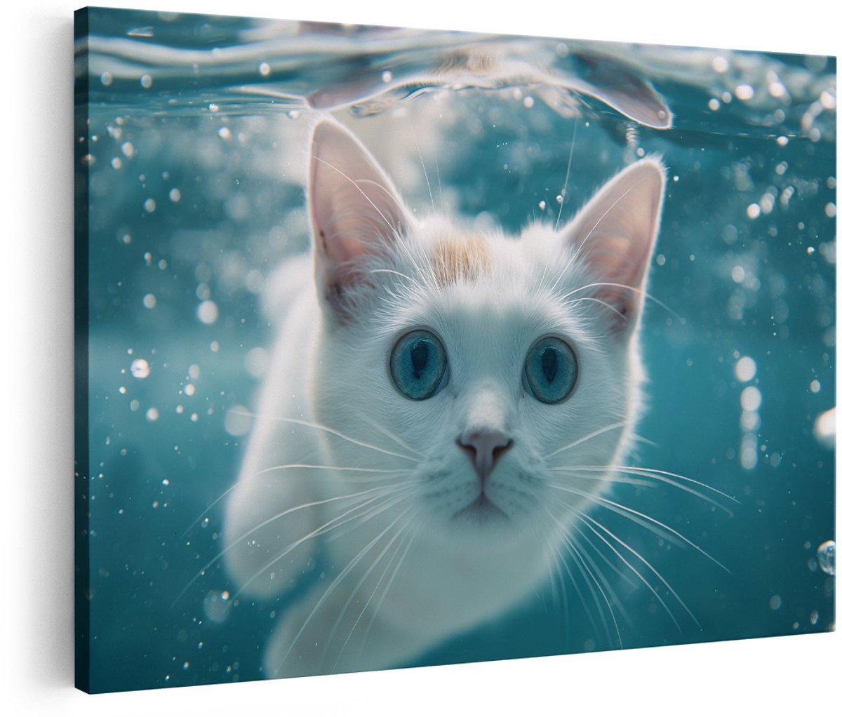 Artaza Canvas Schilderij Kat - 180x120 cm - Groot - Wanddecoratie Wit Katje Onder Water - Muurdecoratie Dieren - Decoratie Blauwe Ogen