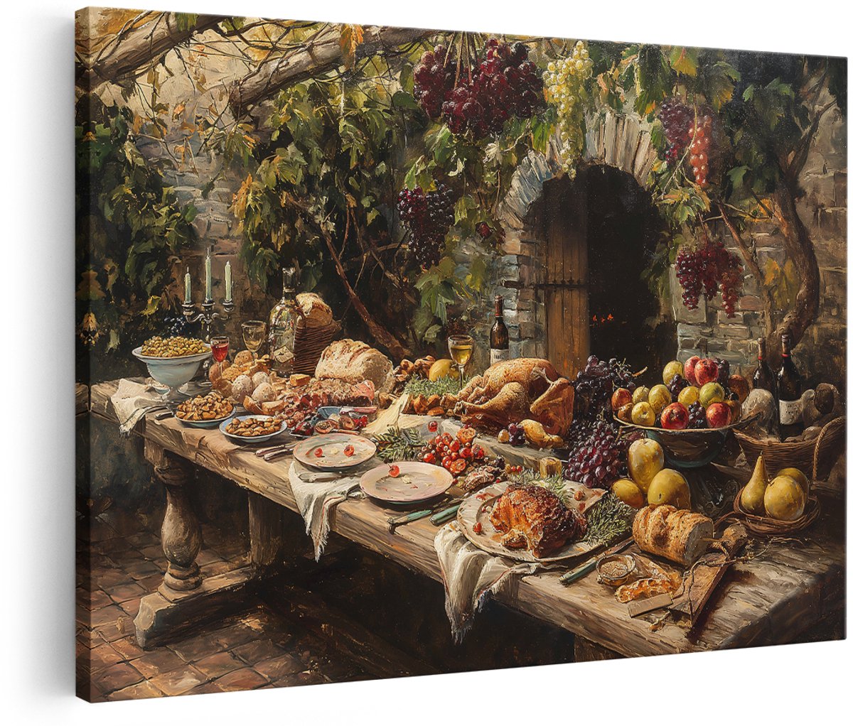Artaza Canvas Schilderij Stilleven Banket - 180x120 cm - Groot - Wanddecoratie Klassiek - Muurdecoratie Fruit en Wijn - Decoratie Eetkamer