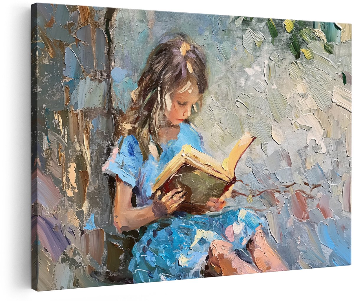 Artaza Canvas Schilderij Lezend Meisje - 180x120 cm - Groot - Wanddecoratie Olieverfschilderij - Muurdecoratie Portret - Decoratie Blauwe Jurk