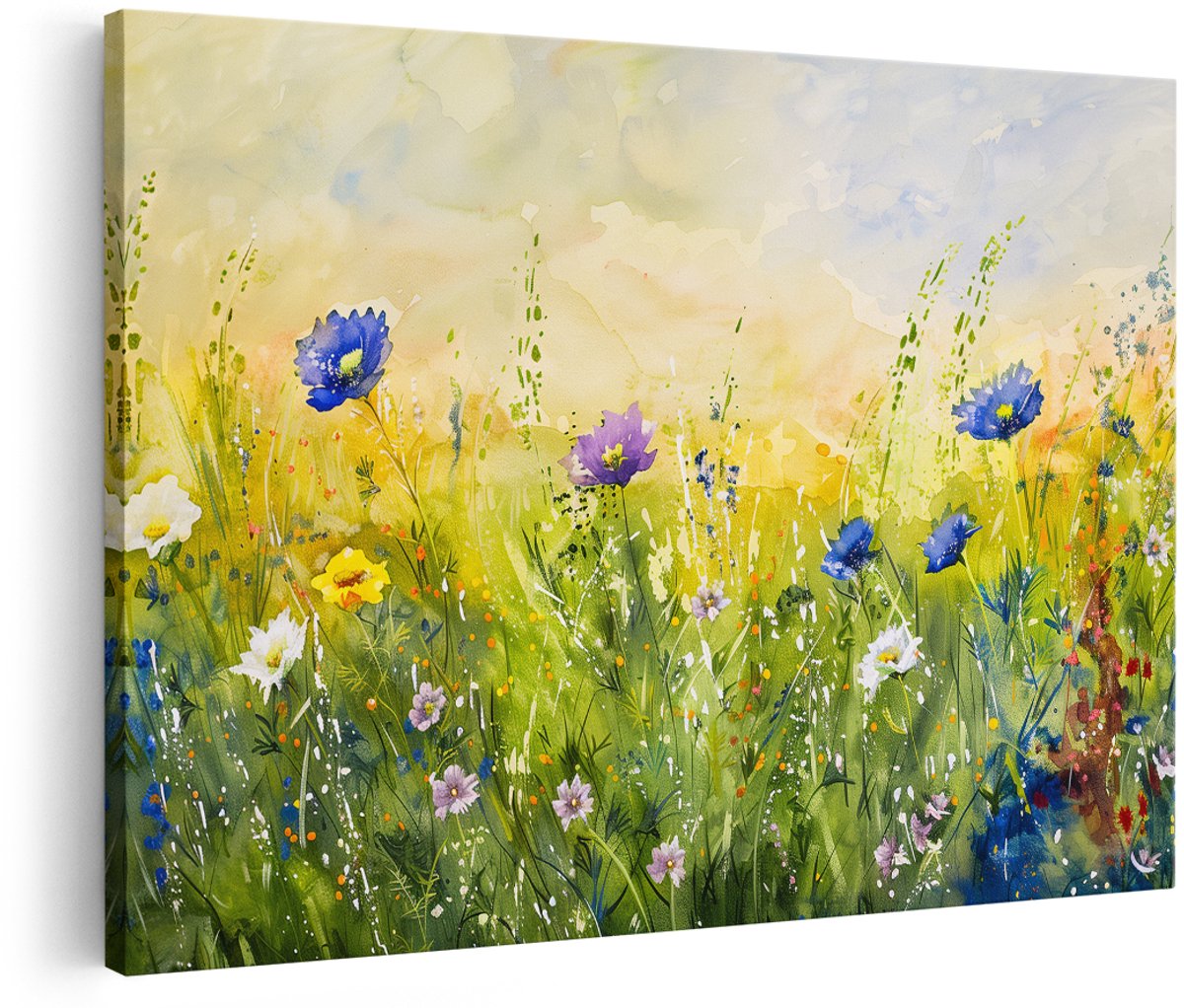 Artaza Canvas Schilderij Bloemen - 180x120 cm - Groot - Wanddecoratie Wilde Bloemen Aquarel - Muurdecoratie Bloemenveld - Decoratie Natuur
