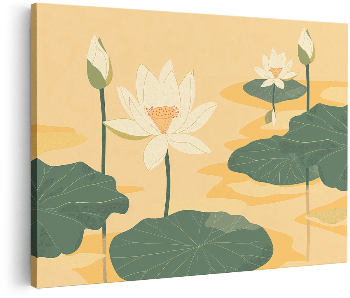 Artaza Canvas Schilderij Lotusbloemen - 180x120 cm - Groot - Wanddecoratie Japandi - Muurdecoratie Bloemen - Decoratie Woonkamer - Wit