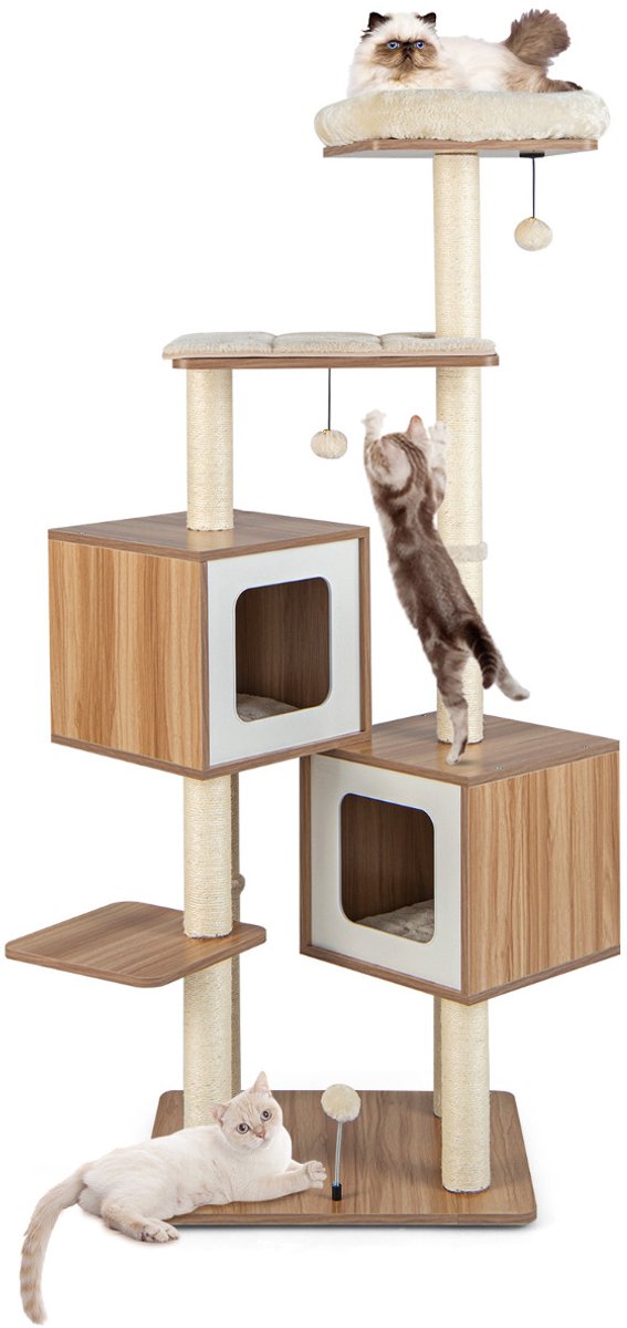 SureDeal® - Krabpaal 163 cm Hoog - Grote Kattenboom met 6 Verdiepingen - 2 Huisjes -Sisalpalen - Beige/Natuur