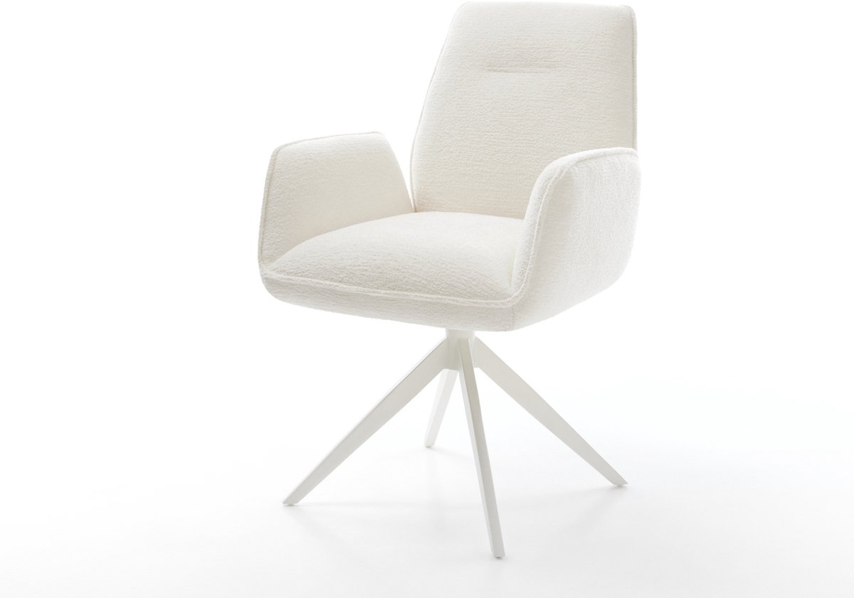 Eetkamerstoel Zoa-Flex kruisframe breed wit bouclé zacht beige 360° draaibaar rocker-functie pocketveer kern