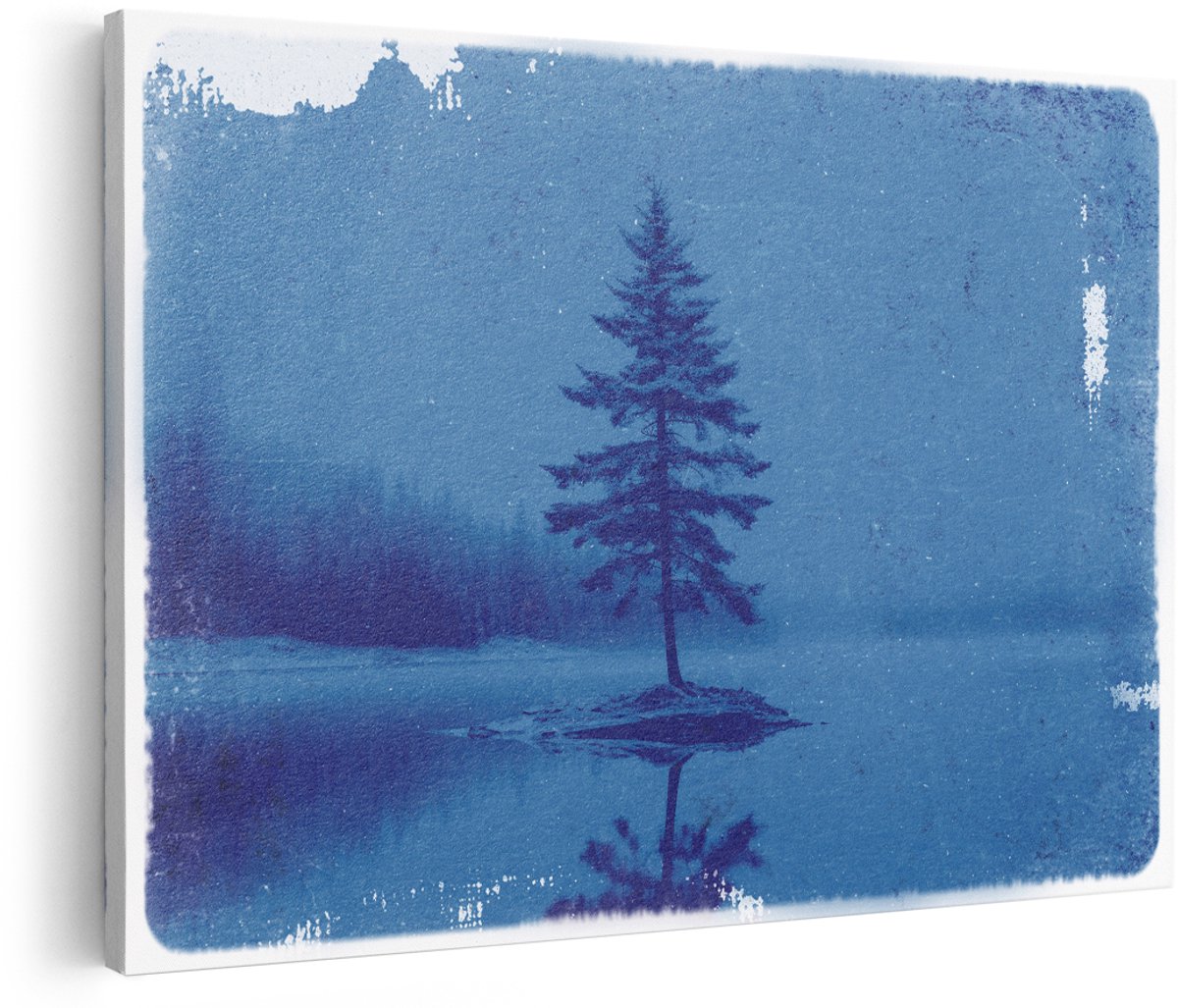 Artaza Canvas Schilderij Landschap - 180x120 cm - Groot - Wanddecoratie Dennenboom - Muurdecoratie Natuur - Vintage Schilderijen Blauw