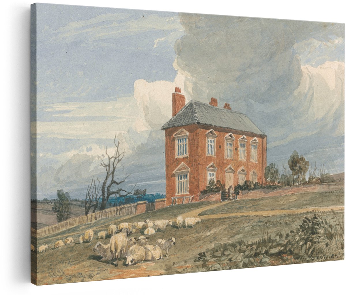 Artaza Canvas Schilderij Landschap - 180x120 cm - Groot - Wanddecoratie Landelijk Bakstenen Huis - Muurdecoratie Schapen In De Wei - Decoratie Natuur