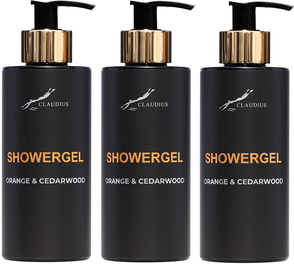 Showergel Sweet Orange & Cedarwood 300 ml - met gouden pomp - zwarte fles - set van 3 stuks - Voordeelverpakking