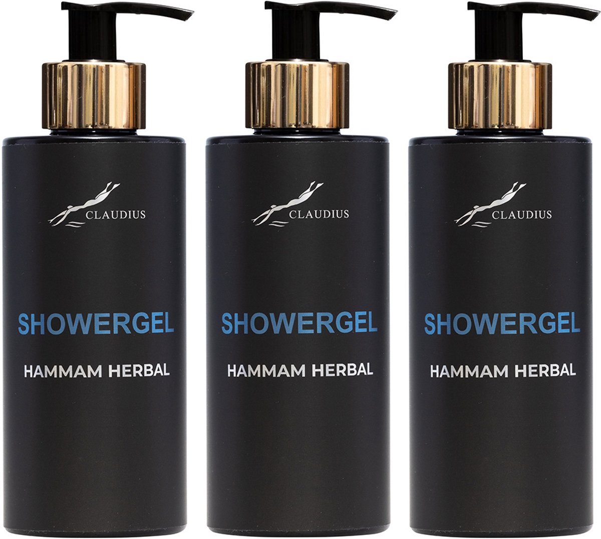 Showergel Hammam Herbal 300 ml - met gouden pomp - zwarte fles - set van 3 stuks - Voordeelverpakking