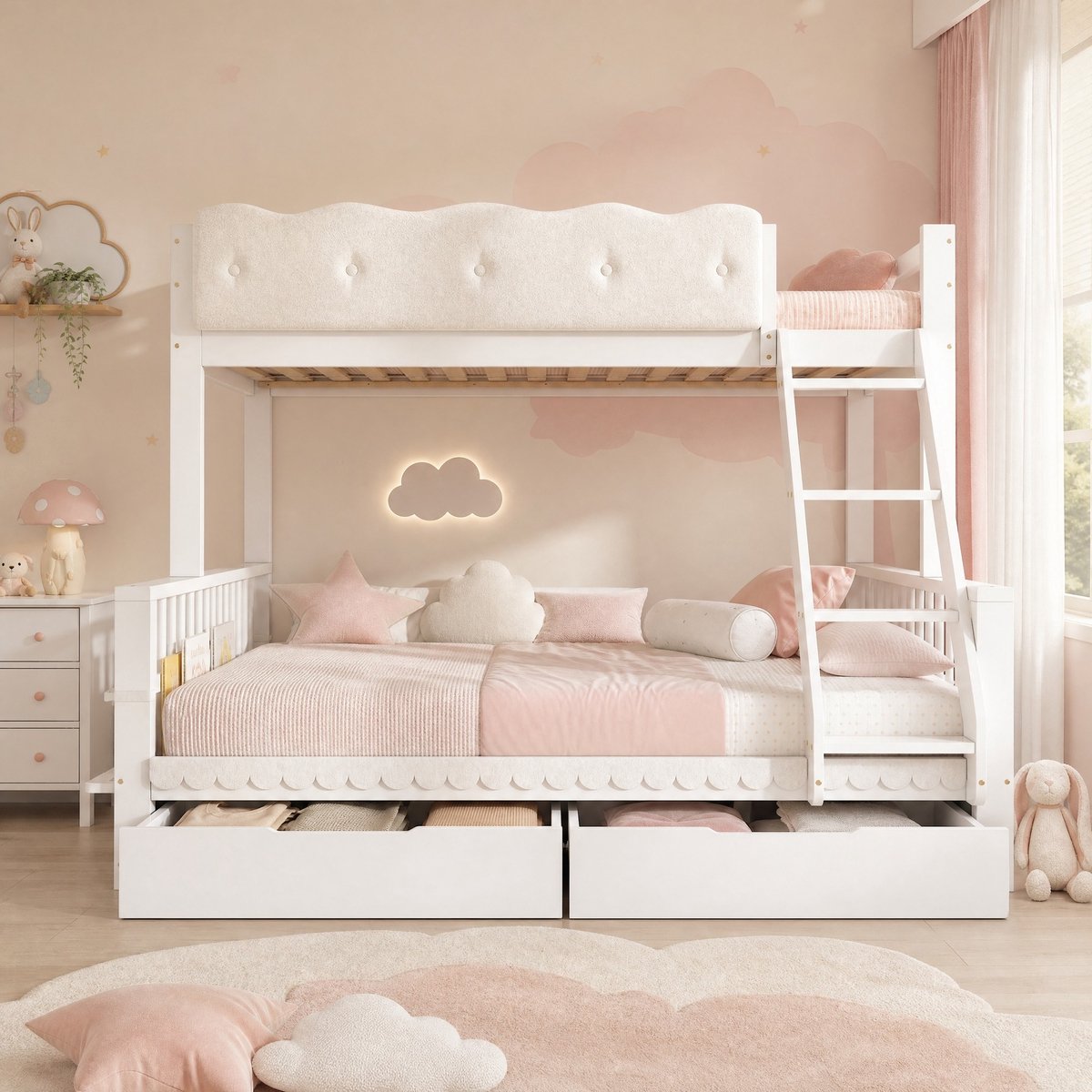MODENUIT Stapelbed – 90x200/140x200 cm – Hout – Wit – Met 2 Lades, Ladder en Tijdschriftenvak
