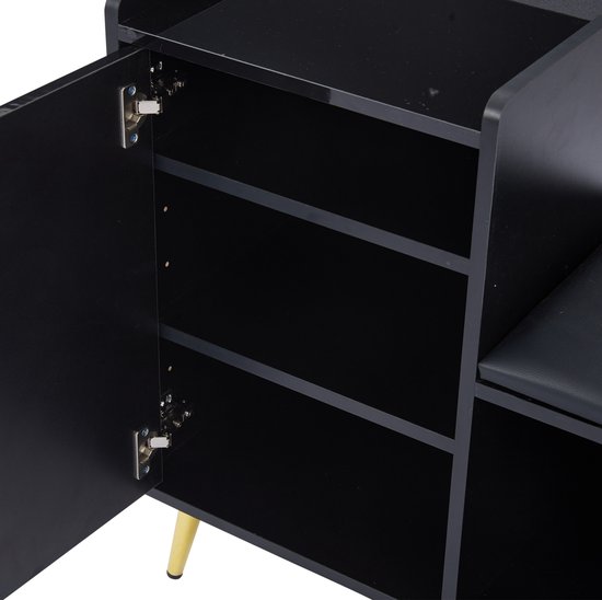 DESMIU Schoenenkast Met Zitbank En Opbergruimte Voor Hal En Slaapkamer - Hoogglans Zwart Met Gouden Details - 120x35x71.5 Cm — afbeelding 5